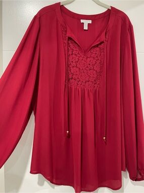 Charter Club Dark Red Lace Yoke Long-Sleeve Blouse